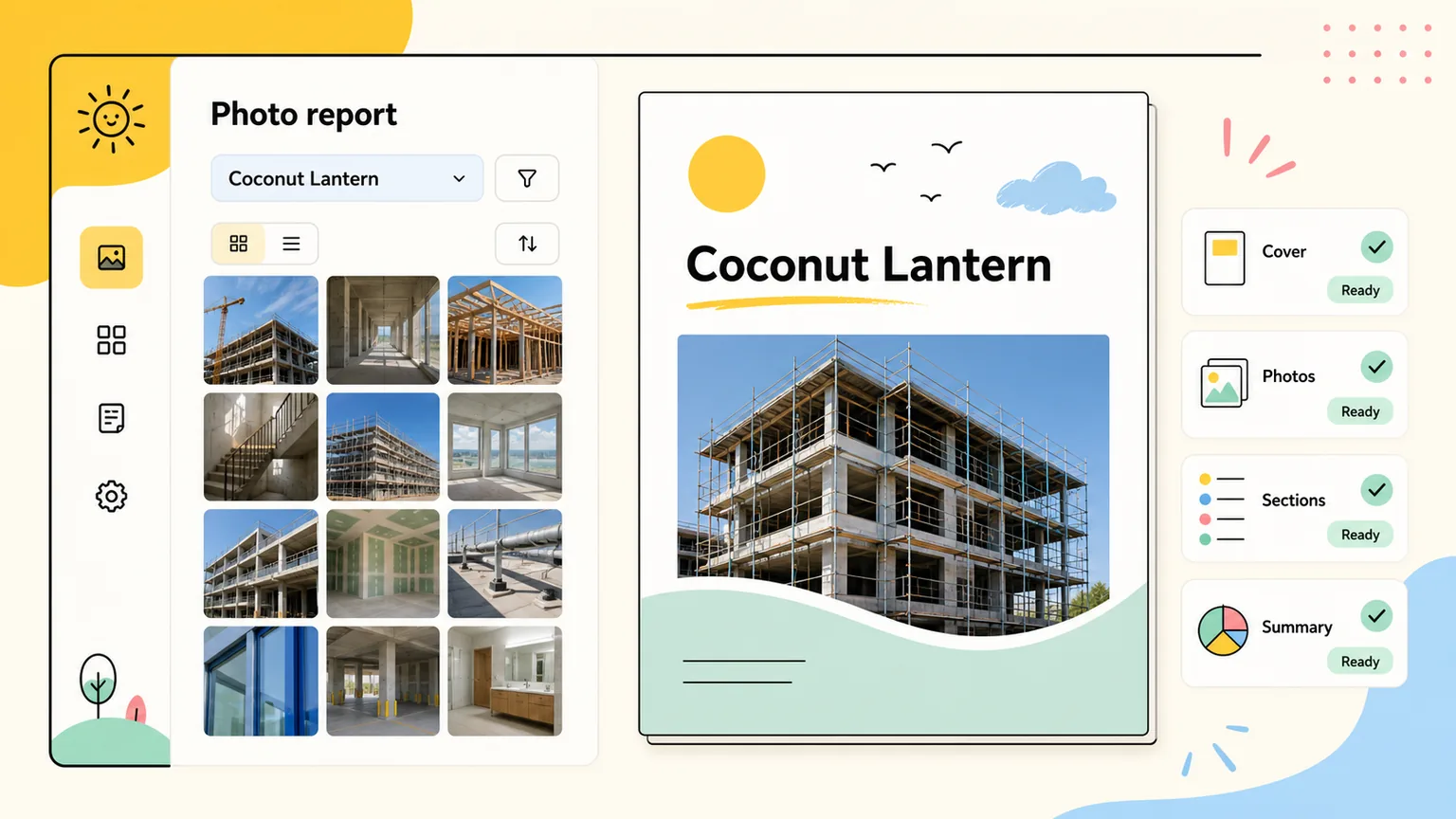 ProjectRoll restoration photo report mockup with project photos and documentation checklist.
